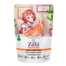 ZILLII Cat 85г Skin & Coat Care HEALTHY CARE влажные(пауч) д/кошек. Поддержка здоровья кожи и шерсти Лосось в соусе 5681   1/24шт (403466)