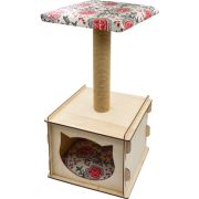 Когтеточка 35*35*68см Домик кубик со столбиком фанера+лён джут 85003