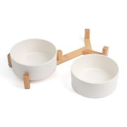 Набор мисок WOGY д/животных 2х1000мл керамические на деревянной подставке 37.5х17.8х9.5см, белый арт.2025-0012-1 Код274844